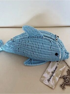 Tommy Bahama Sky Blue Wicker Viral Dolphin Shoulder Bag Brand New